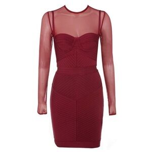 HOUSE OF CB Noelle Wine Bandage Mesh Dress